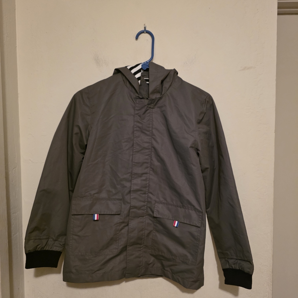 Hiheart Gray Hooded Rain Jacket with Striped Accents Size 10/12